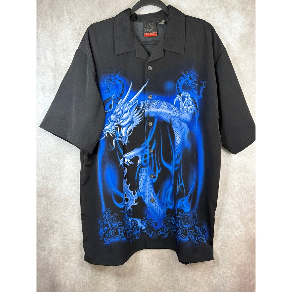 VTG Y2K C-Two Dragon Graphic Shirt Mens XL Black Blue Short Sleeve Button Up AOP